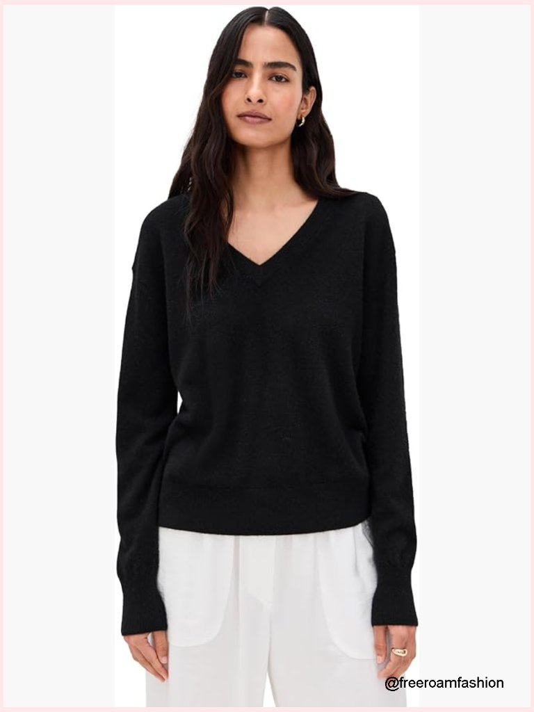 Cashmere V-Neck Pullover - Lightweight Long Sleeve Sweater